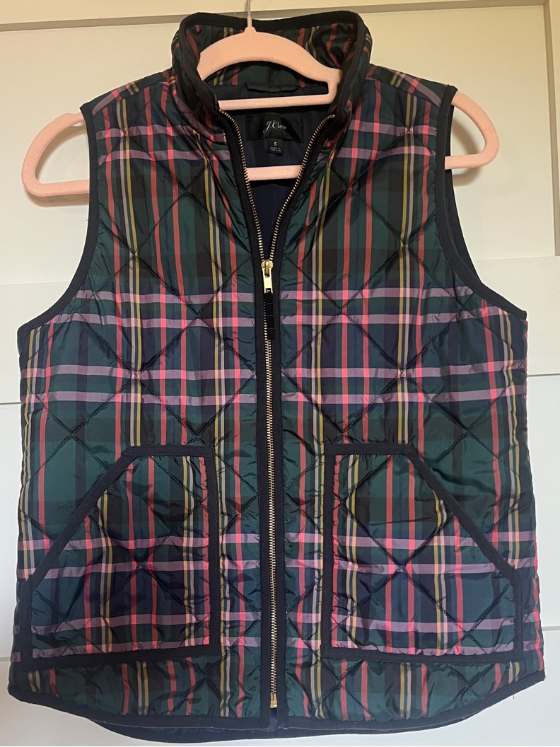 J. Crew Quilted Vest With Green Plaid Trim